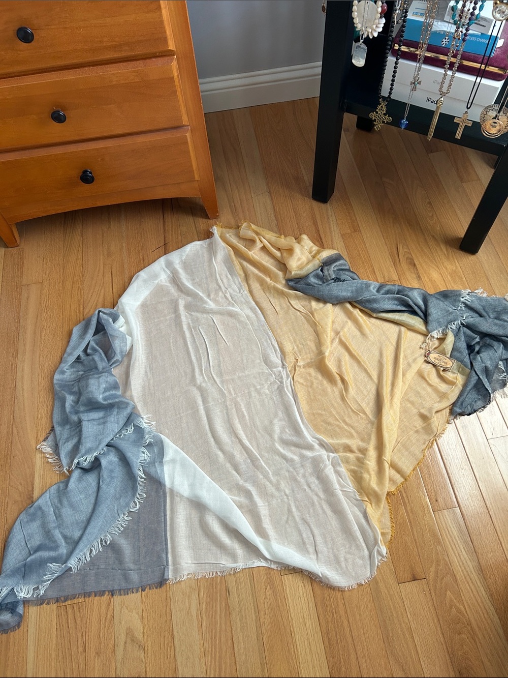 Lightweight Tri-Color scarf-- Blue, Cream & Tan